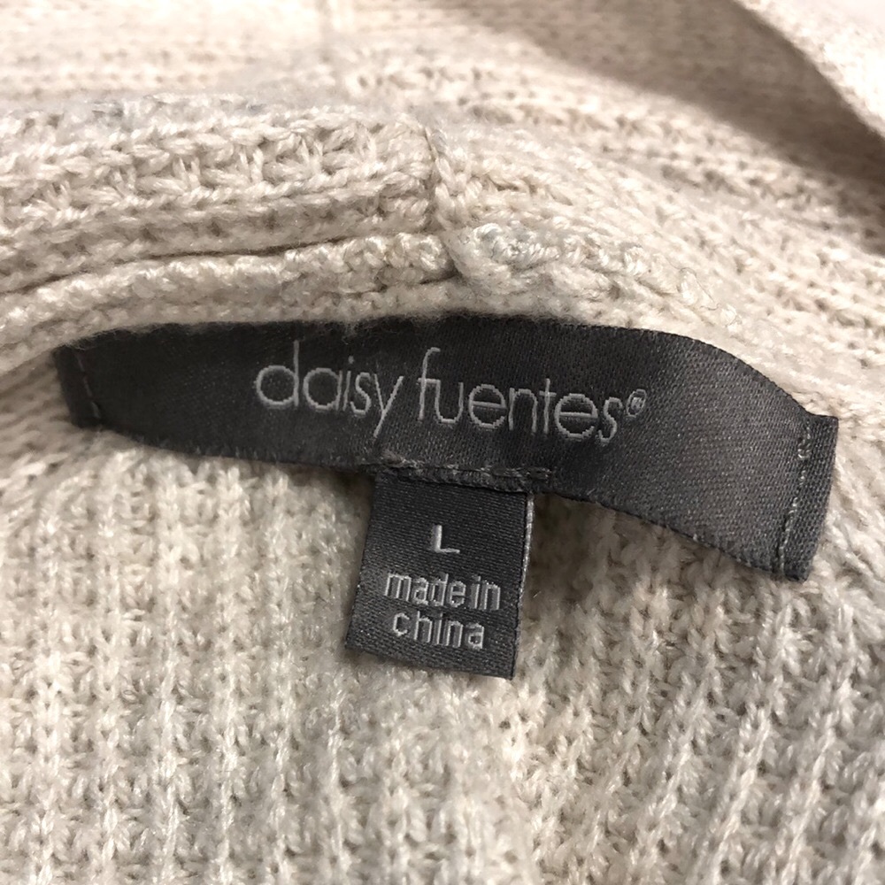 Daisy Fuentes longline cardigan Sweater waffle texture Cream & gray soft belt LG - Picture 5 of 9
